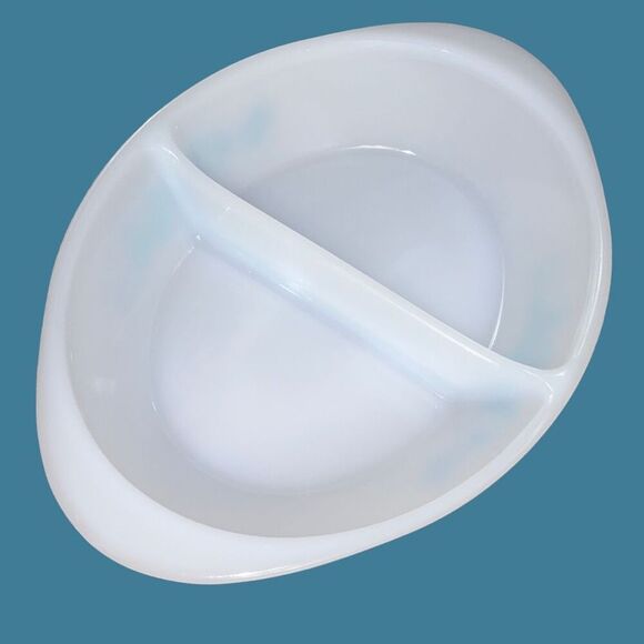 Vintage Milk Glass Fruit Pattern Glasbake Divided Casserole Dish Oval - Picture 2 of 5